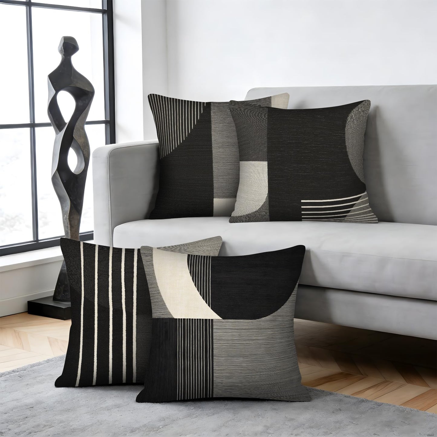 pazzocenter 18X18 Pillow Cover Set of 4，Modern Abstract Throw Pillow Covers, Black White Gray Geometric Decorative Cushion Covers, Minimalist Throw Pillow Cases for Sofa Couch Bed Living Room