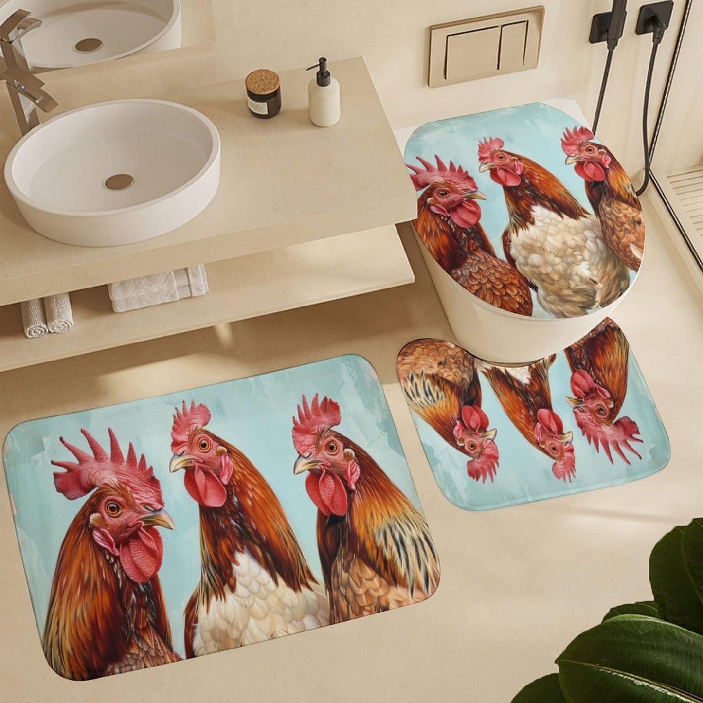 FOCCAFB 4PCS Modern Animals Bathroom Set with Rugs and Toilet Lid Cover Rustic Farmhouse Chicken Waterproof Shower Curtain Set for Bathroom Decor