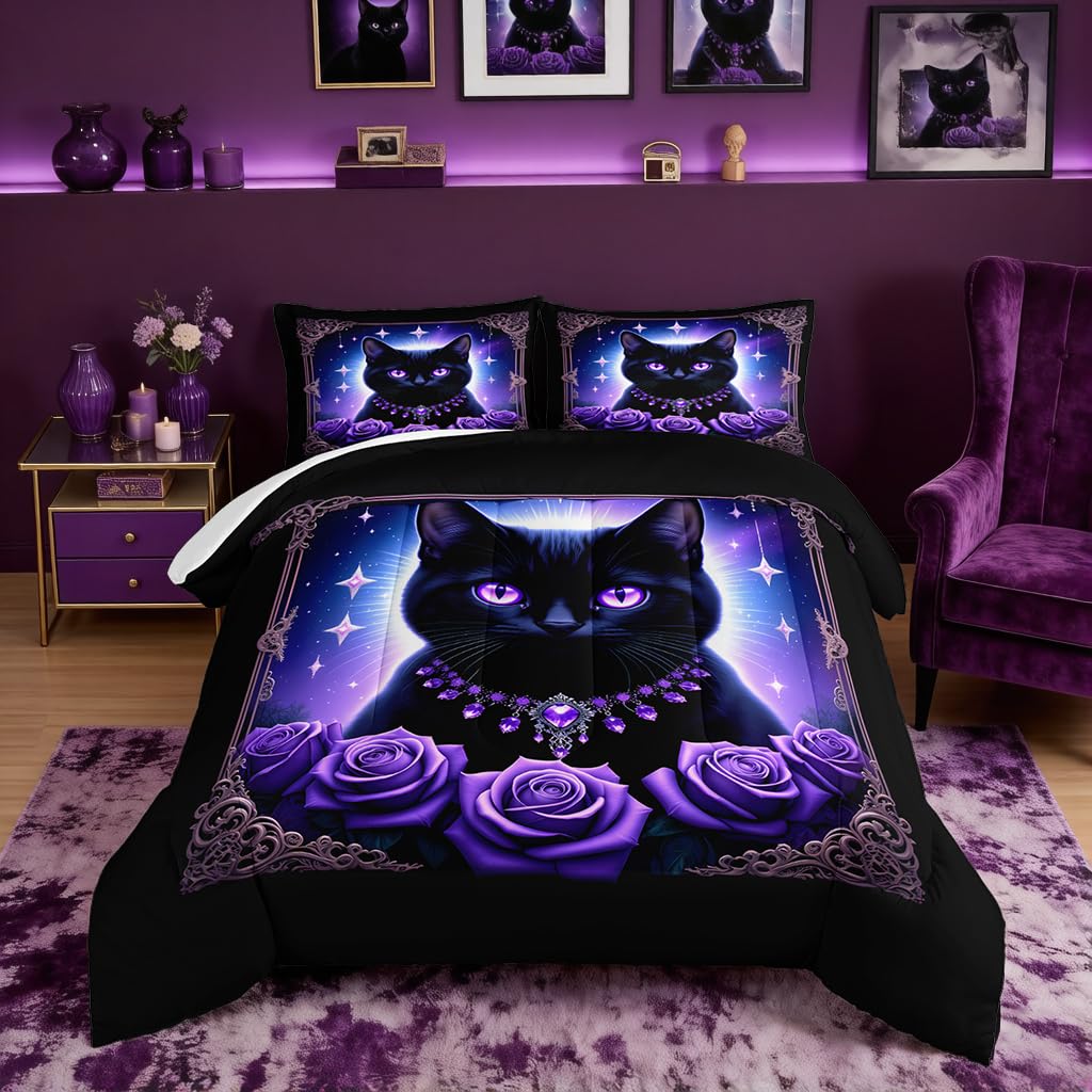 HOSIMA Cat Queen Comforter for Kids Boys Girls Room Decor,Black Cat Wearing Diamond Necklace Surrounded by Roses,Animal Themed Glowing Stars Background Pattern Cute Bedding with 2 Pillowcases.