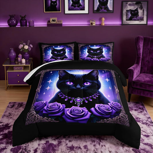 HOSIMA Cat Queen Comforter for Kids Boys Girls Room Decor,Black Cat Wearing Diamond Necklace Surrounded by Roses,Animal Themed Glowing Stars Background Pattern Cute Bedding with 2 Pillowcases.