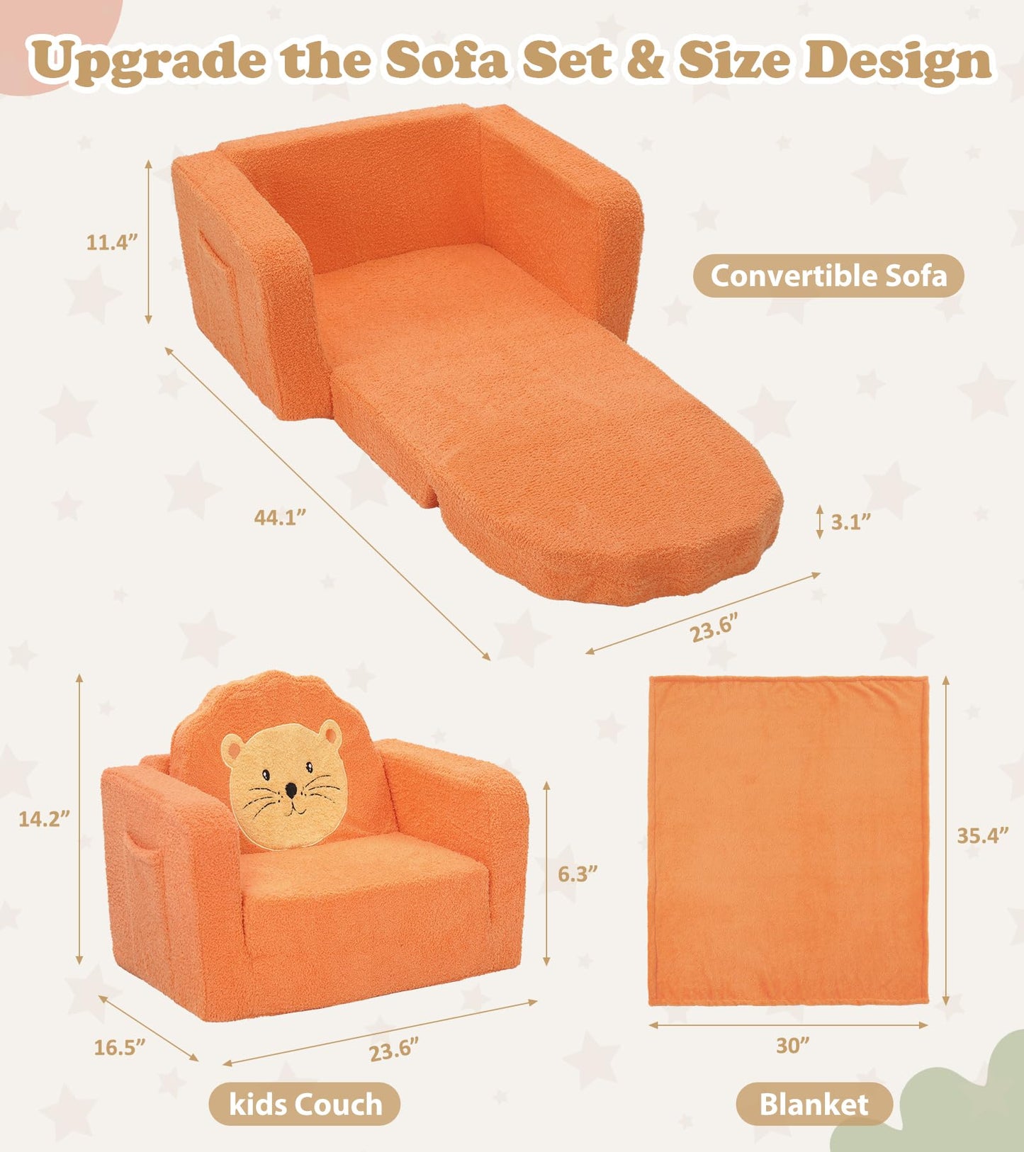 Foryoomi Upgraded Kids Couch, 2-in-1 Soft Top-Flip Fold Out with Blanket, Comfy Convertible Plush Sofa Chair, Great Gifts for Little Ones, Lion