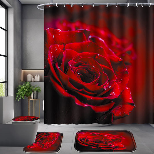Poedist 4 Pcs Shower Curtain Set, Red Rose Bathroom Set,Romantic Shower Curtain Sets with Rugs(Bath Mat,U Shape and Toilet Lid Cover Mat) and 12 Hooks