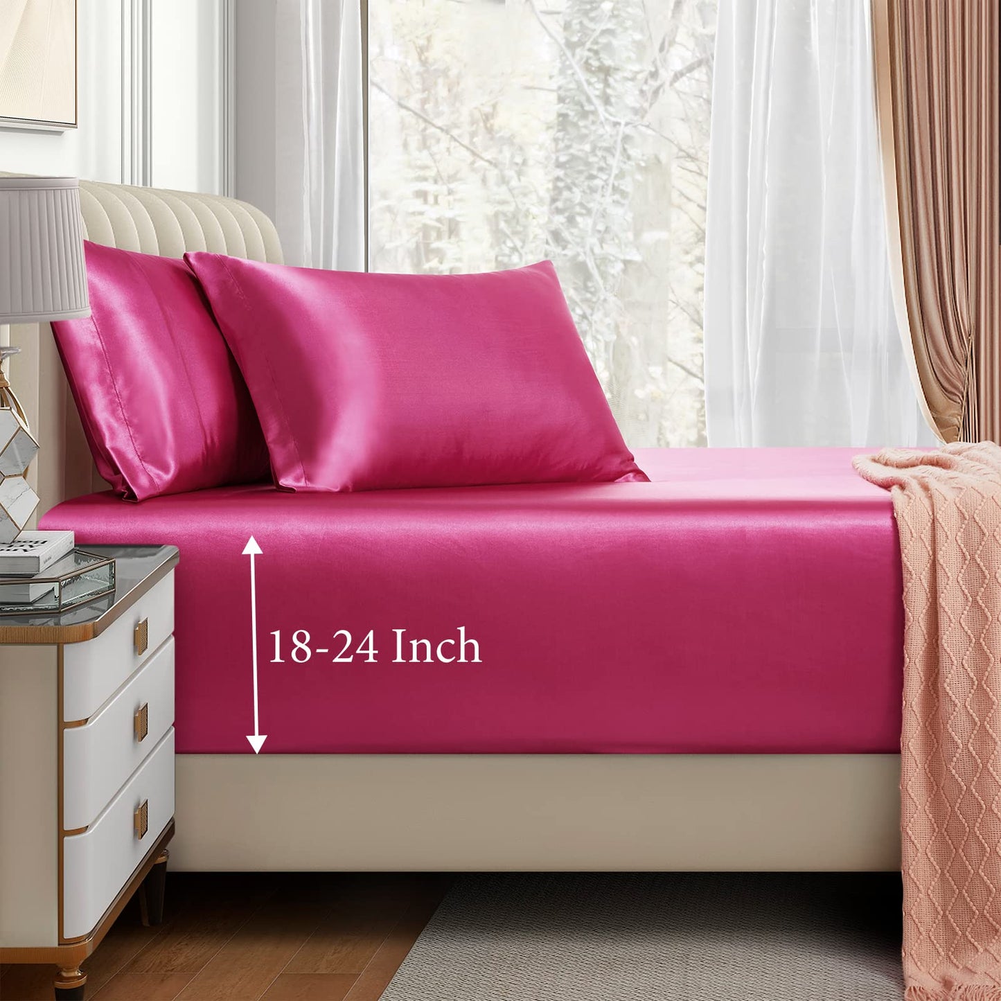 VACVELT 3pcs Extra Deep Pocket Satin Fitted Sheet Set King Bed Set, Hot Pink Bottom Sheet Fit 18-24 Inch Deep Pocket Mattress, Silky Bedding Set Soft & Ultra Deep Fitted Sheet & 2 Pillowcase