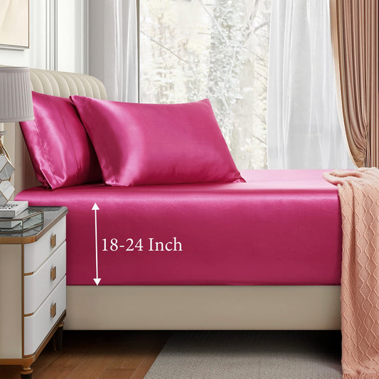 VACVELT 3pcs Extra Deep Pocket Satin Fitted Sheet Set King Bed Set, Hot Pink Bottom Sheet Fit 18-24 Inch Deep Pocket Mattress, Silky Bedding Set Soft & Ultra Deep Fitted Sheet & 2 Pillowcase