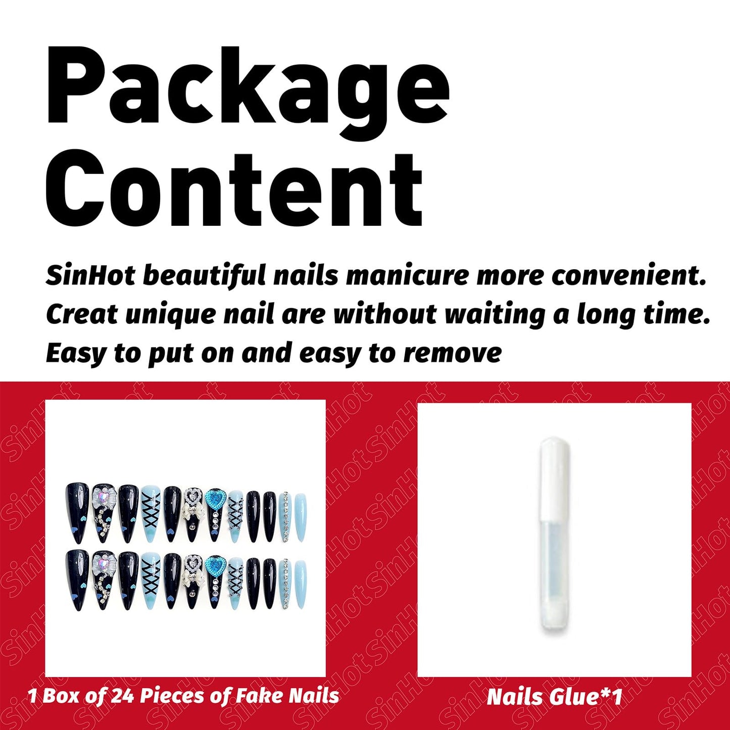 SINHOT Stiletto Press on Nails - Long Fake Nails, Glossy Finish, Handmade Luxury Charms & Black Blue, DIY Artificial False Nail Art - 24 Pcs Nail Kit with Glue