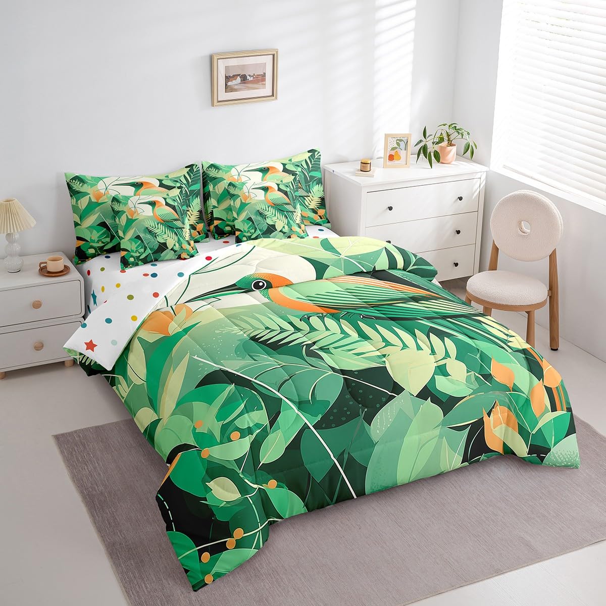 Erosebridal Cartoon Toucan Bedding Set King Size, Palm Leaf Plant Comforter Set, Summer Hawaiian Tropical Kids Teens (Comforter+Fitted+Flat Sheet+2 Pillowcases+2 Throw Pillow Covers) 7 Pieces Bed Set