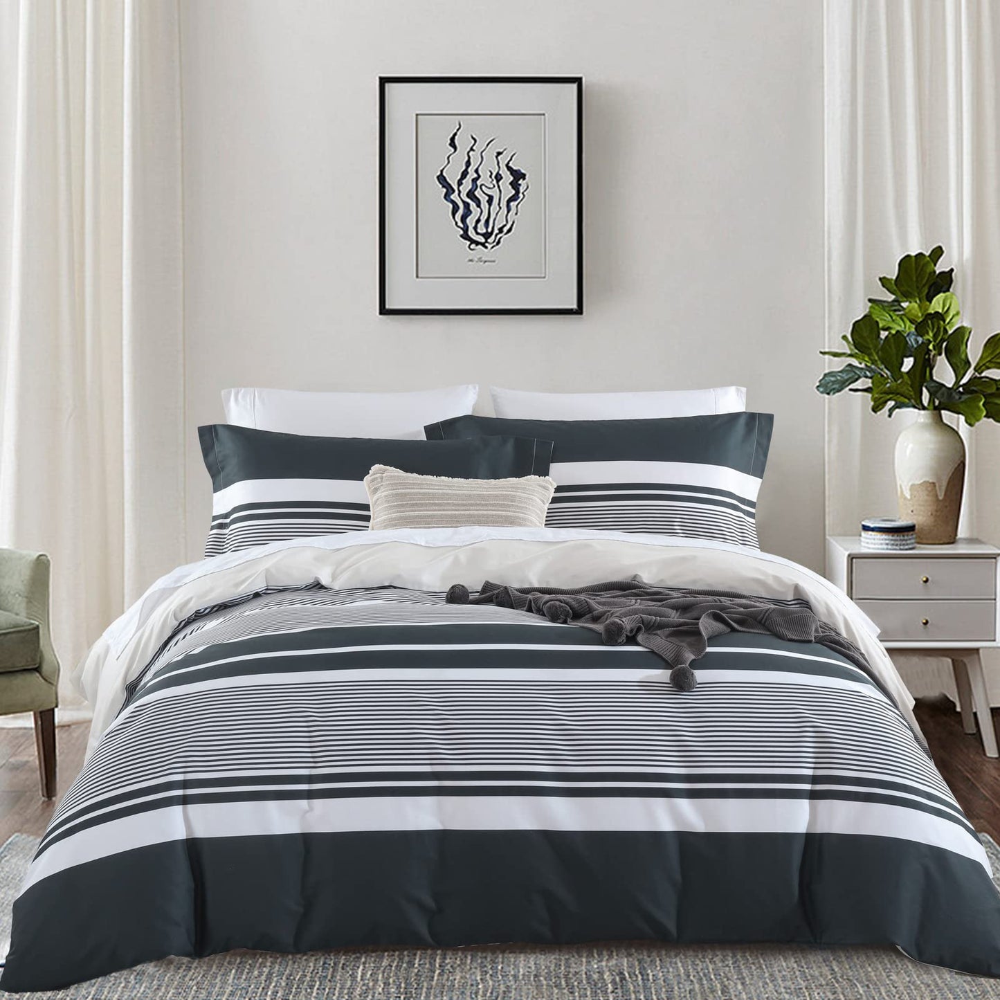 CozyDH Duvet Cover Set King Size - 100% Cotton 400 Thread Count Lightweight Soft Modern, 3 Pieces Striped Bedding Set with 8 Ties Zipper Closure (Black Gray, 104x90, NO Comforter)