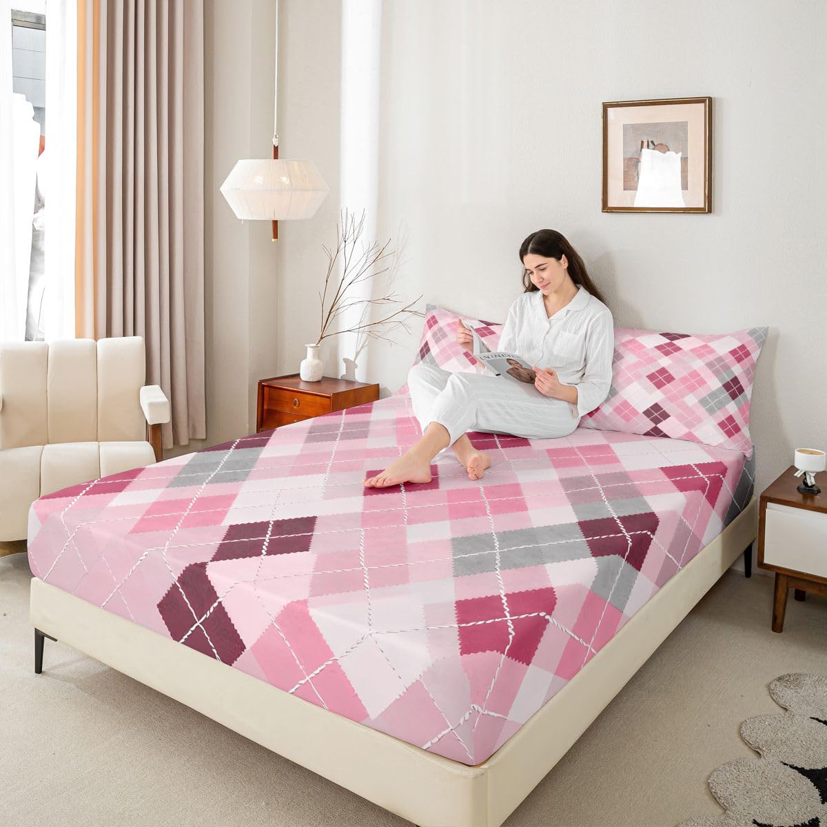 jejeloiu Traditional Argyle Pattern Fitted Sheet with 1 Pillowcase Twin Size Plaid Bed Sheets Set 16" Deep Pocket Boys Girls Pink Checkered Striped Classical Bedding Teens Bedroom Breathable Soft