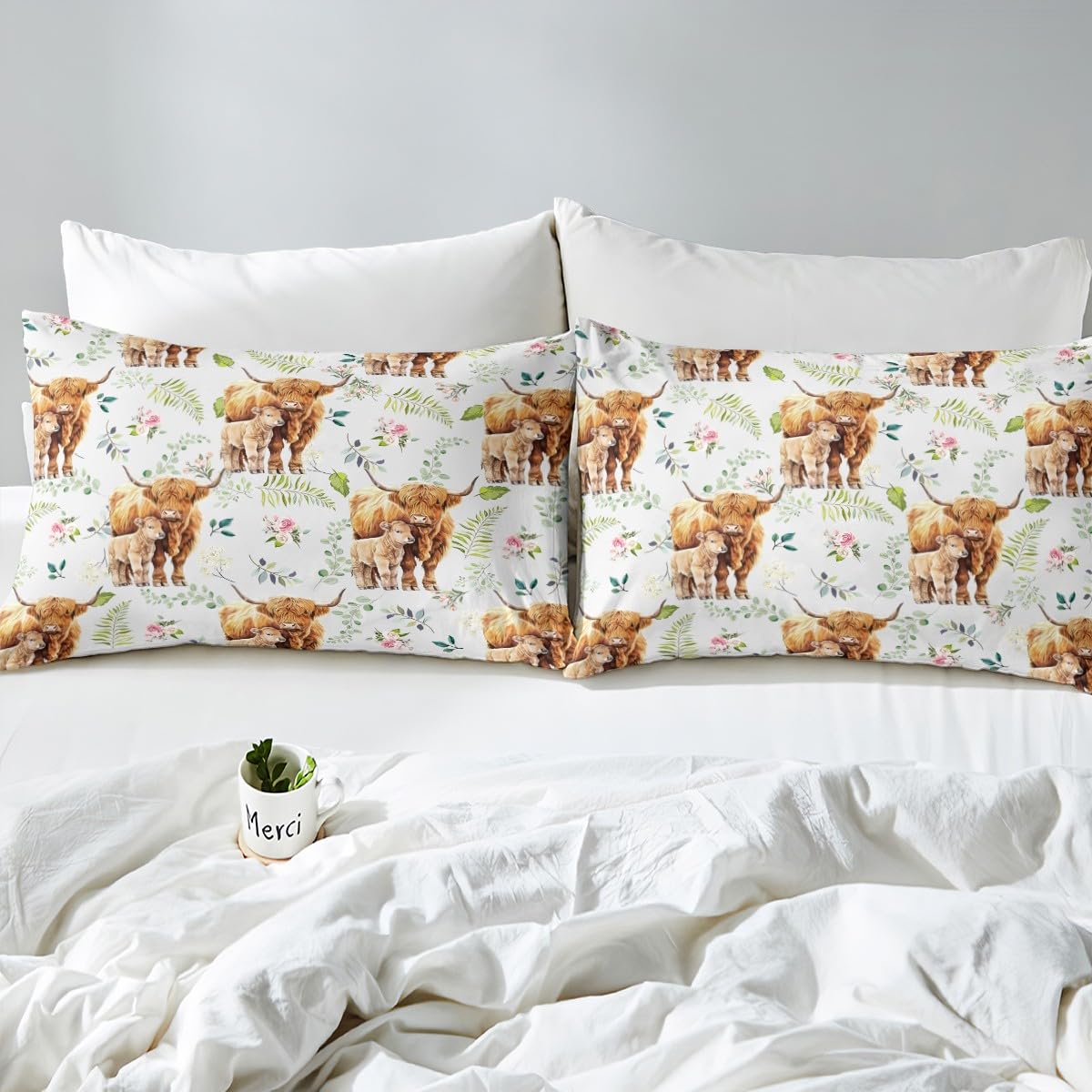 Erosebridal Rustic Cow Sheet Set Full,Retro Cowhide Bed Sheets for Kids Boys Girls,Highland Cow Mother Kid Bedding Set,Farmhouse Rose Flower Leaf Fitted Sheet + Top Sheet + 2 Pillowcases