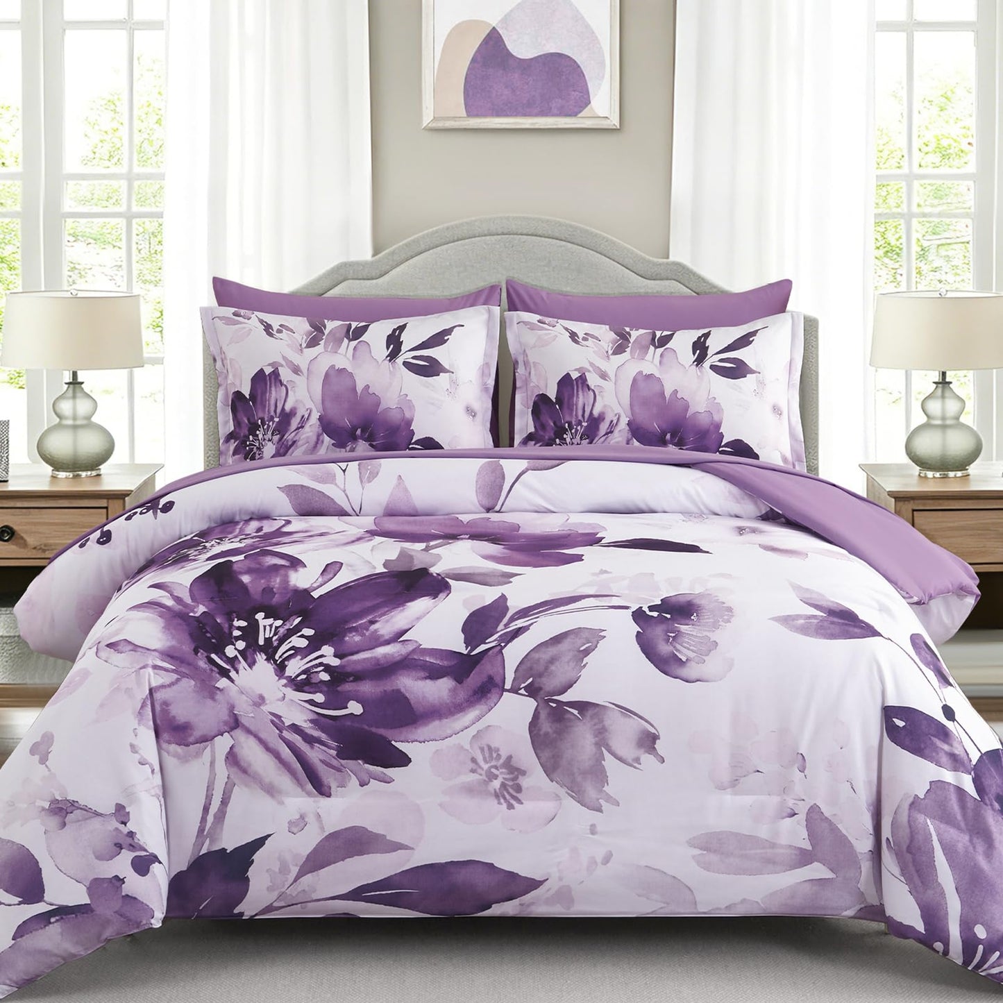 Luxudecor Floral Comforter Set Queen Size, 7 Piece Purple Flower Set Bed in a Bag,Soft Microfiber Farmhouse Shabby Chic Bedding Set for All Seasons(90"x90")