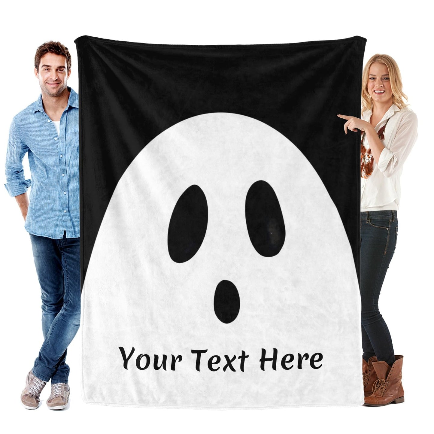 CUSFOU Halloween Throw Blanket Ghost, Personalized Blanket with Name, Cozy Flannel Blanket for Bed Couch Living Room, Black, 50" x 60"