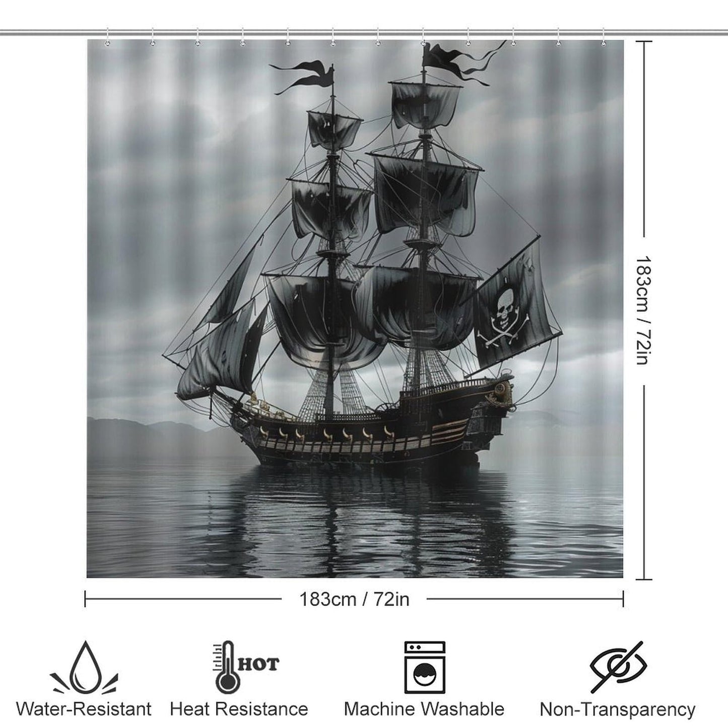 TOWINSFB 4Pcs Pirate Ship Shower Curtain Set with Toilet Lid Cover U-Shaped Mat and Non-Slip Rugs, Nautical Sailboat Ocean Black Shower Curtain Bathroom Decor Set, 72" x 72"