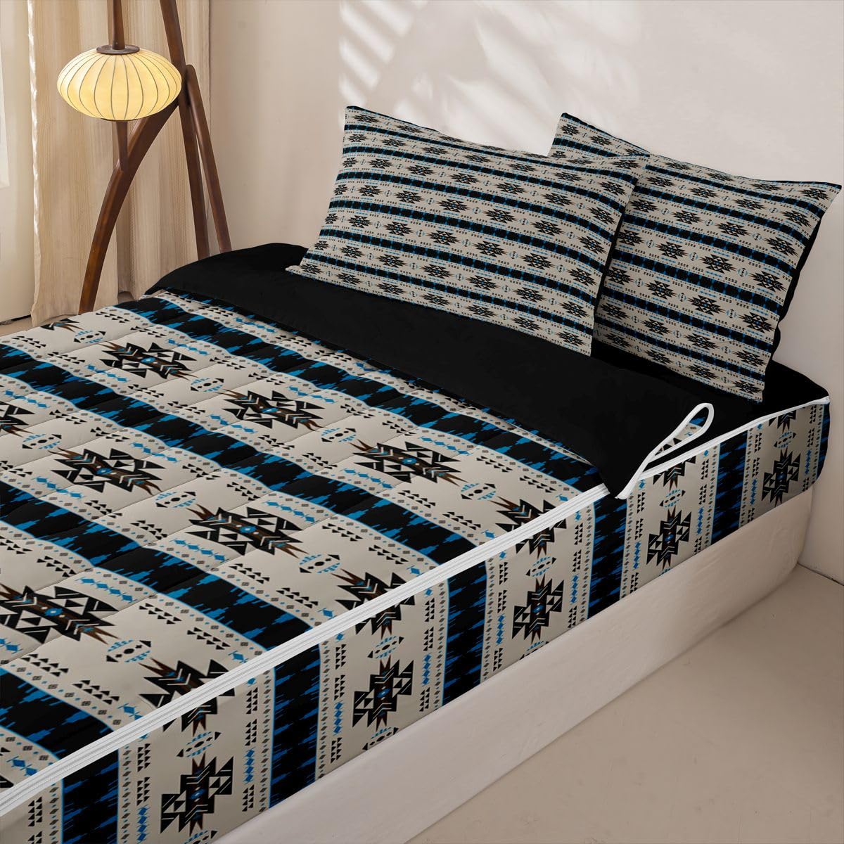 Western Zipper Bedding Set Queen Zip Up Bedding Ethnic Tribal Arrow Comforter Set with Sheets for Boys,Vintage Exotic Geometric Triangle Bed in a Bag African Indian Tribal Sriped Bed Sets Brown Blue