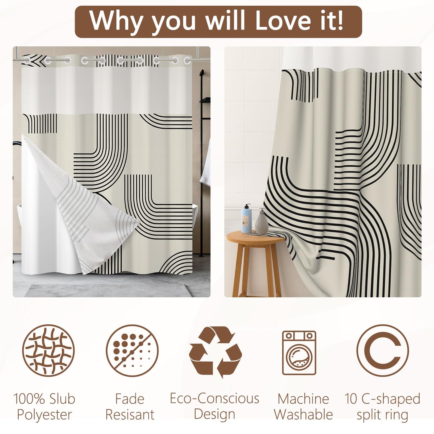 NAEMBCU No Hook Waffle Shower Curtain with Snap in Liner 71x74 Inch