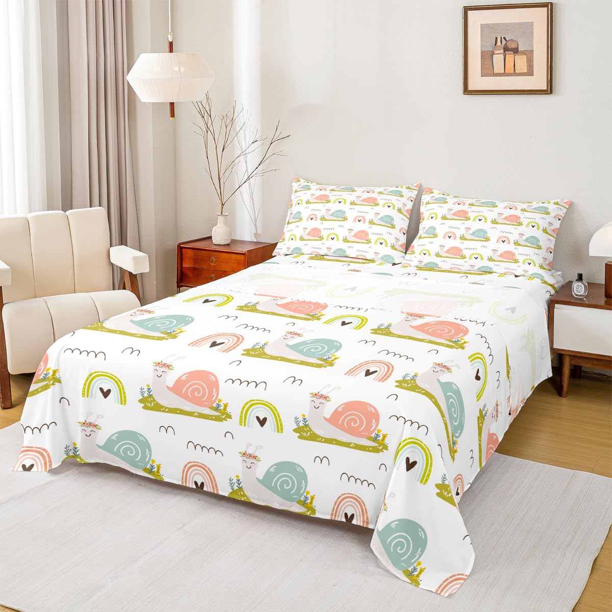 Homewish Cartoon Snail Bed Sheet Twin Size Cute Rainbow Bedding Set 3Pcs for Kids Girls Boys Teens Room Decor,Nature Spring Animals Fitted Sheet Pink Green Stripes Top Flat Sheet,1 Pillowcase