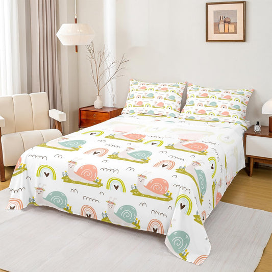 Homewish Cartoon Snail Bed Sheet Twin Size Cute Rainbow Bedding Set 3Pcs for Kids Girls Boys Teens Room Decor,Nature Spring Animals Fitted Sheet Pink Green Stripes Top Flat Sheet,1 Pillowcase
