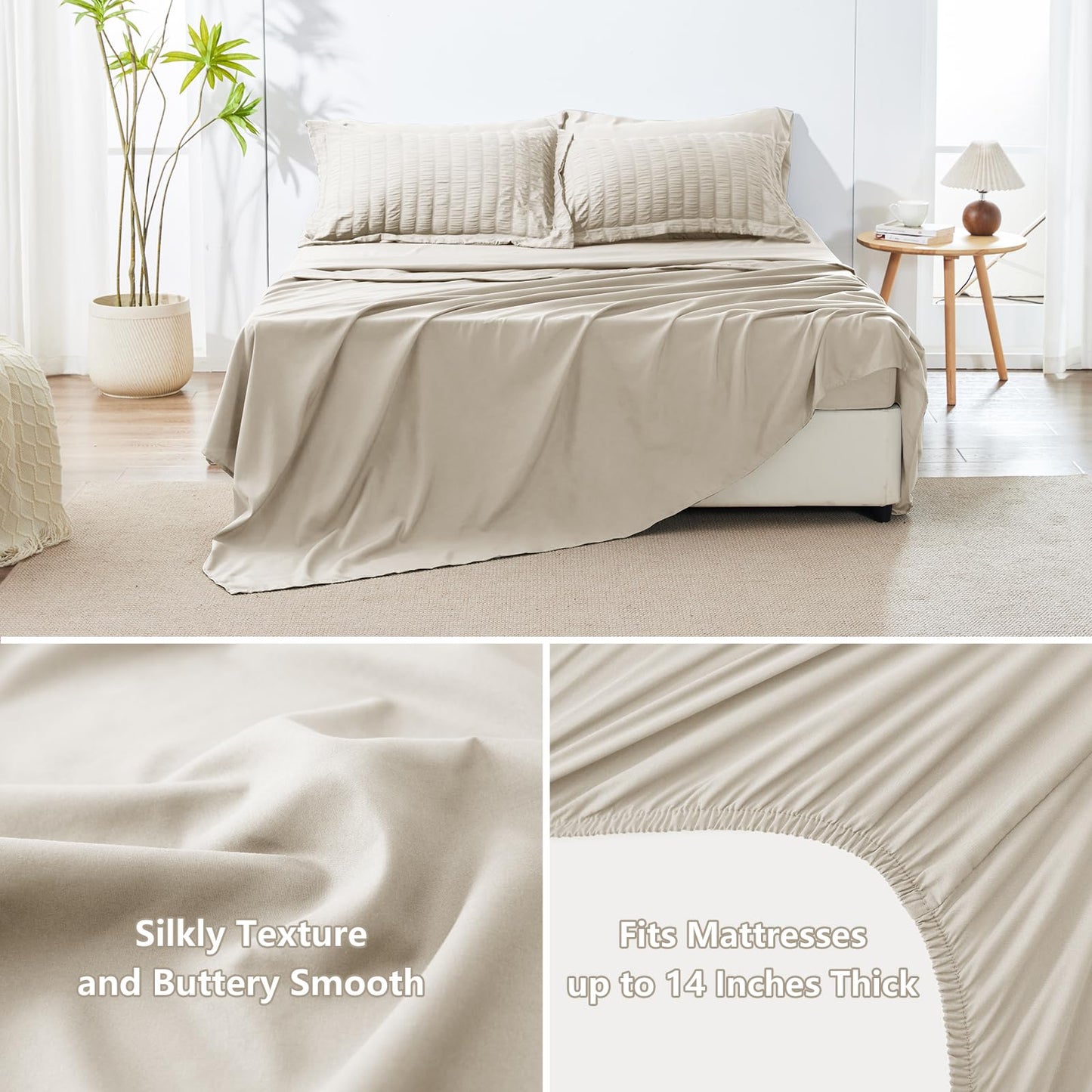 HIMEET Queen Comforter Set - 7 Pieces Seersucker Bed in a Bag, Boho Bedding Sets for Bedroom Decor, All Season Home Essential Bed Set with Comforter, Sheets, Pillowcases & Shams, Beige