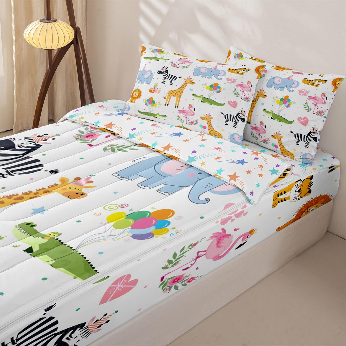 Erosebridal Party Animals Zip Up Comforter Set Nursery Funny Cartoon Wild Animals Twin Zipper Bedding Kids Flamingo Giraffe Elephant Zebra Crocodile Bed Set with Sheets Love Heart Floral Bed in a Bag