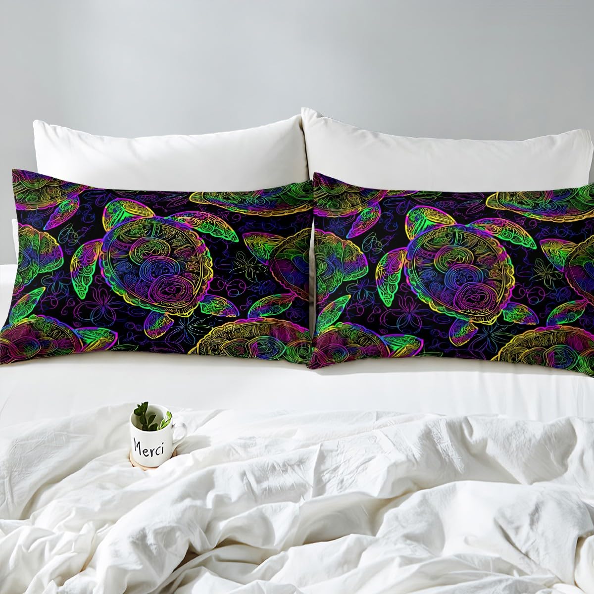 Feelyou Sea Turtle Fitted Sheet Ocean Creature Bed Sheet Set Sea Animal Bedding Boho Mandala Sheet Set Queen Size Includes 1 Sheets & 2 Pillowcases (No Flat Sheet)