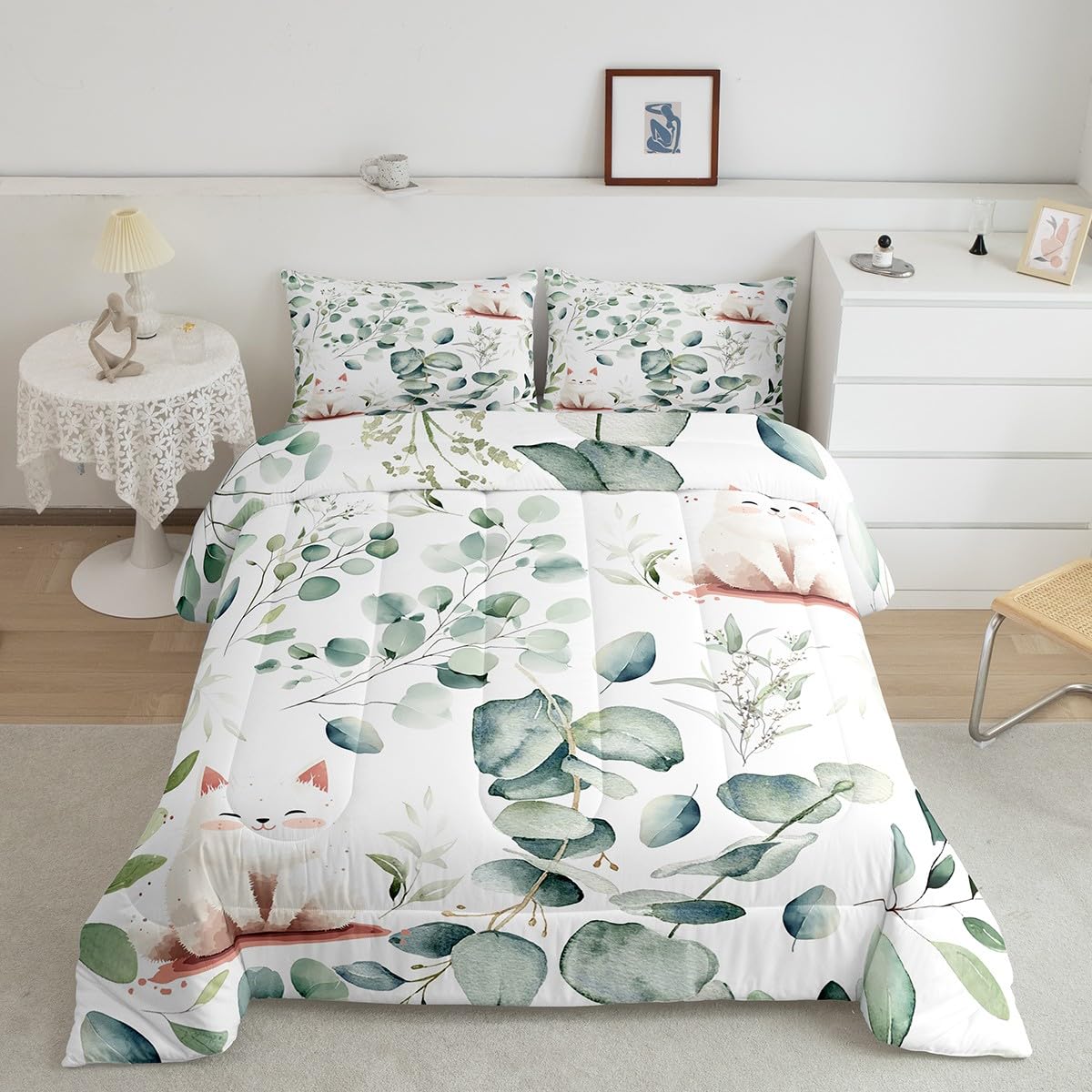 Erosebridal Kawaii Cat King Comforter Set 7 Pieces for Boys Girls Cartoon Animal Bedding Comforter Sets, Eucalyptus Leaves Bed in a Bag Pet Kitten Bedding Set, Tropical Botanical Plants Bed Sheets Set