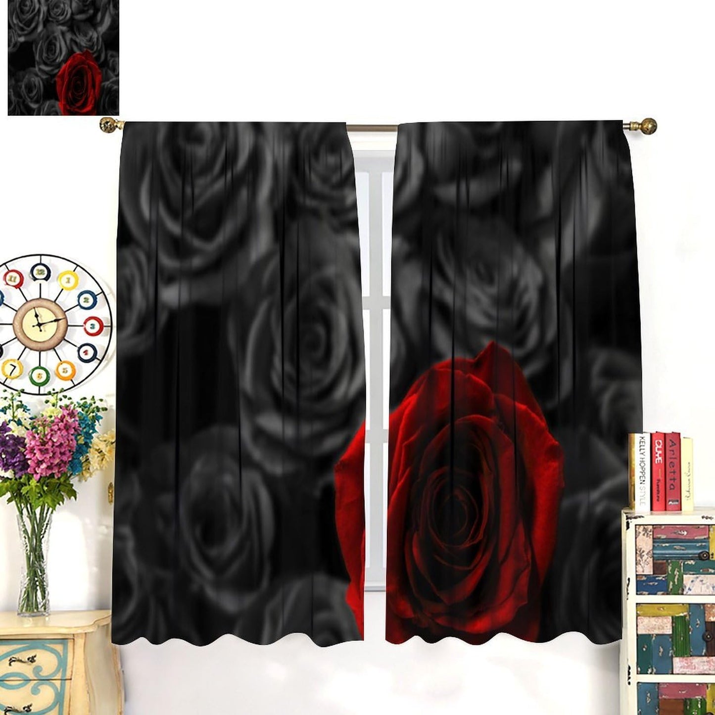 GoDazzling Red Rose Floral Curtains, Vintage Romantic Black Red Roses Flower Print Rod Pocket Window Drapes, for Bedroom Living Room 41" W X 45" L (No Blackout)