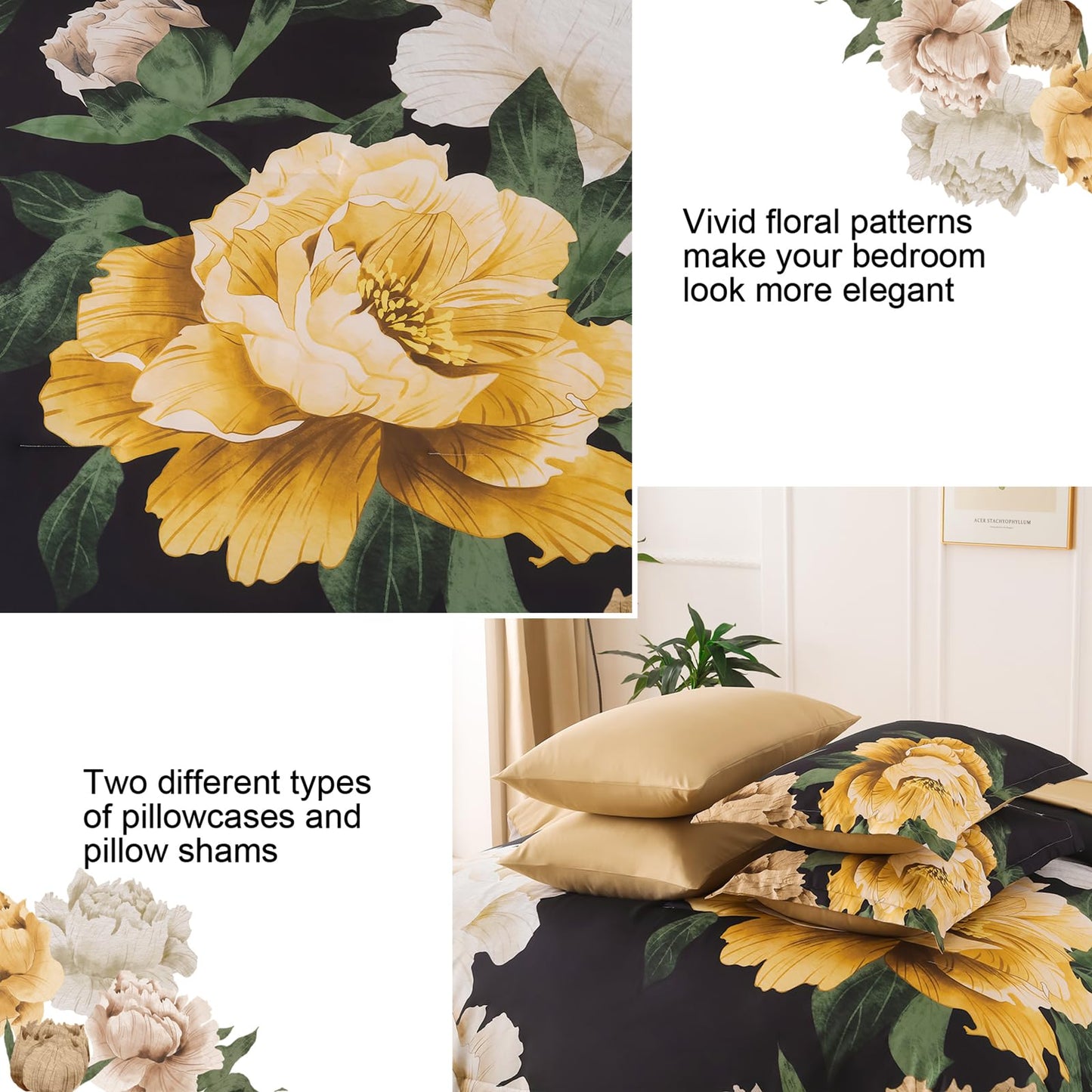Dobuyly Black Floral Comforter Set Queen 7 Piece Bed in a Bag, Yellow Brown Flower Printed on Black Comforter Set with Sheets, Soft Microfiber Botanical Boho Bedding Set for All Season