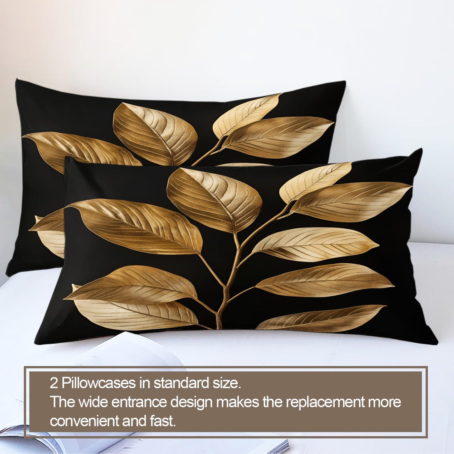 QINYUN Gold Leaves Duvet Cover King Size, Gold Tropical Leaves Bedding Set 3 Piece Bedroom Decor Modern Black Comforter Cover with Zipper Ties & 2 Pillowcases