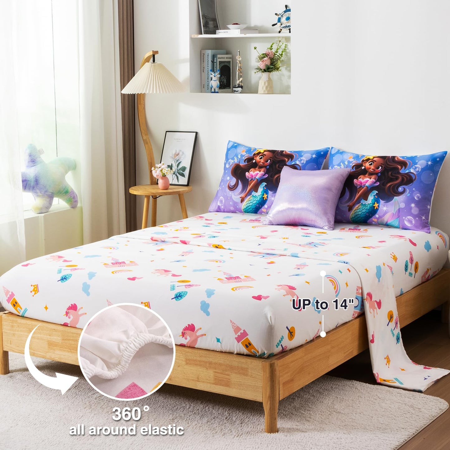 A Nice Night Mermaid Wearing Starfish Hair Accessory Queen Comforter Set for Girls, Ocean Theme Twin 6-Piece Bed in a Bag with Sheet Set & Pillowcases