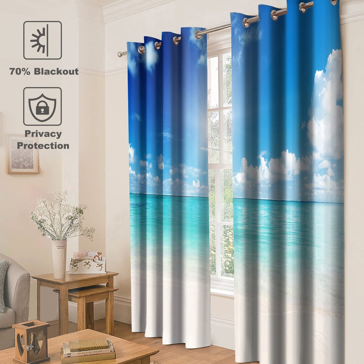 Jekeno Ocean Beach Blackout Curtains Tropical Blue Sky Cloud Sunshine Seascape Ocean Decor for Bedroom Living Room Grommet Window Drapes 2 Panel Set, 52"x84"