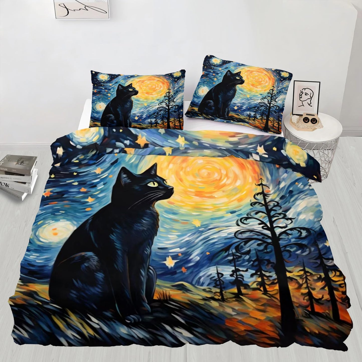 Cat Print Duvet Cover Queen Size - Mysterious Cat Home Decor & Gifts, 3 Piece Back to School Dorm Bedding, Easy Care Microfiber Comforter Cover & Pillowcases, Starry Night Blue