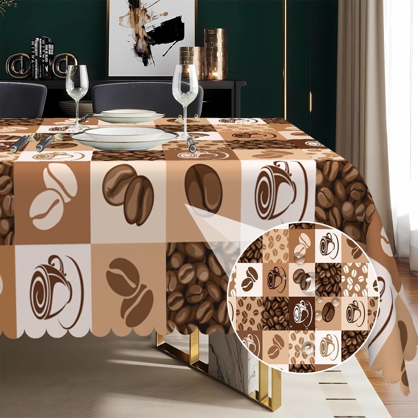 Laeacco 84x60 inch Coffee Beans Print Tablecloth Coffee Cup Hand Drawn Sketch Rectangle Tablecloth Rerto Plaid Waterproof Home Table Cloth for Dining Room Kitchen Cafe Table Decor