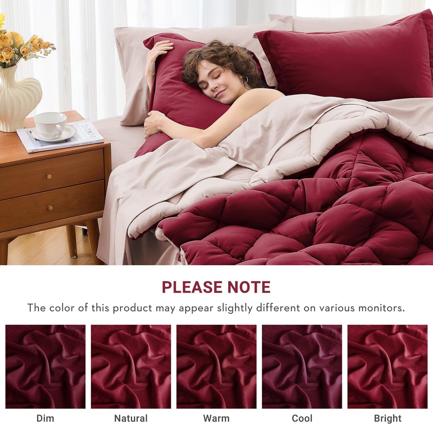 MUXHOMO 7 Pieces California King Comforter Set, Reversible Bed in a Bag Cal King Size, All Season Bedding Set with Comforter, Flat Sheet, Fitted Sheet, Pillowcases & Shams, Burgundy & Rose Gold