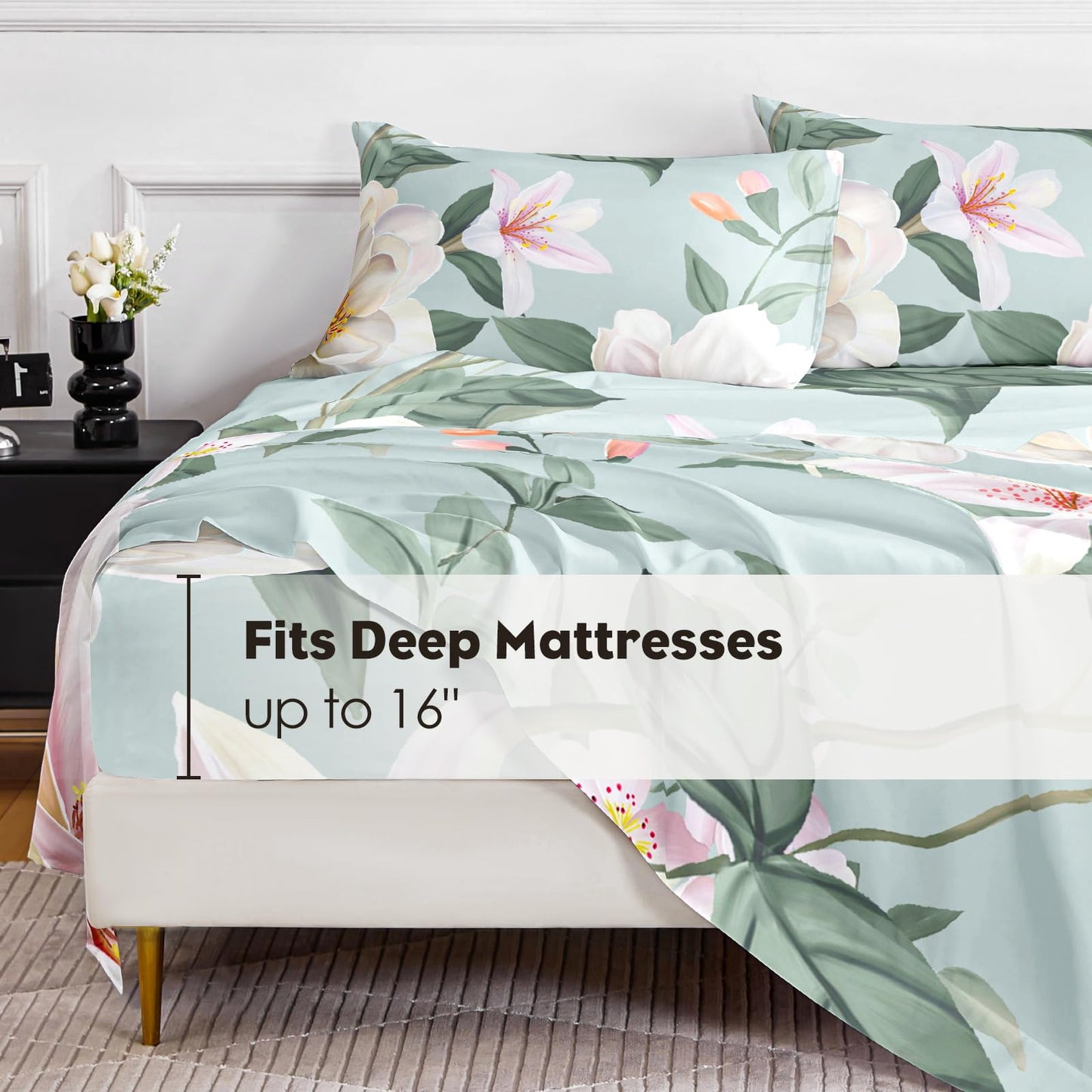 HCORA Floral King Size Sheets Set, Luxury 1800TC Hotel Quality Double Brushed Microfiber Deep Pocket Bed Sheets, Ultra Soft, Breathable and Cooling, 4PC, King