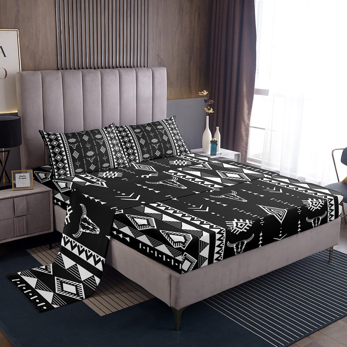 Erosebridal Bull Skull Bed Sheets Set Full Size, Western Aztec Boho Flat Fitted Sheet for Girls Boys Women Men Home Decor, Southwestern Cowboy Bedding Set, Ethnic Horns Bed Sets