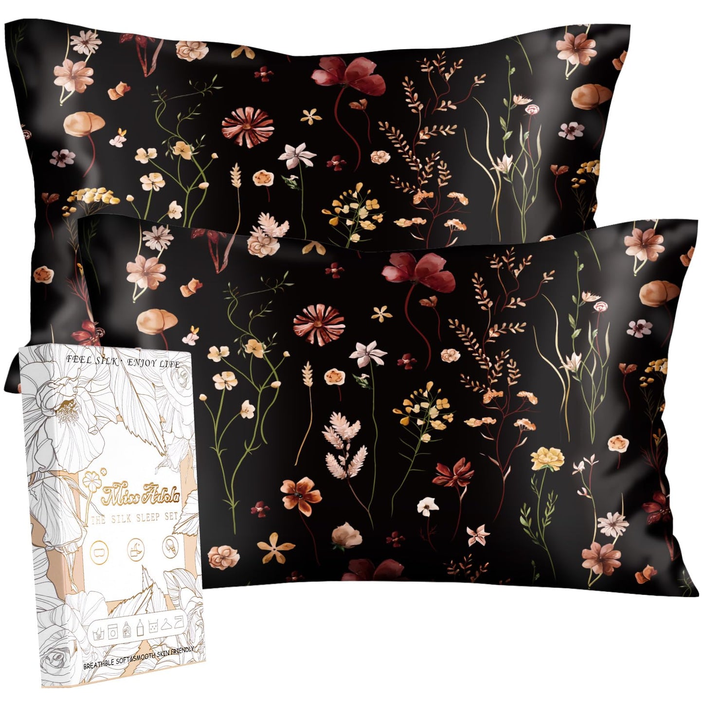 Miss Adola 2 Pack Mulberry Silk Pillowcase for Hair and Skin - Standard Size 20 x 26 Inches with Hidden Zipper BK Grow Flower 19 Momme Soft Sleeping Silk Pillow Case for Women, Moms