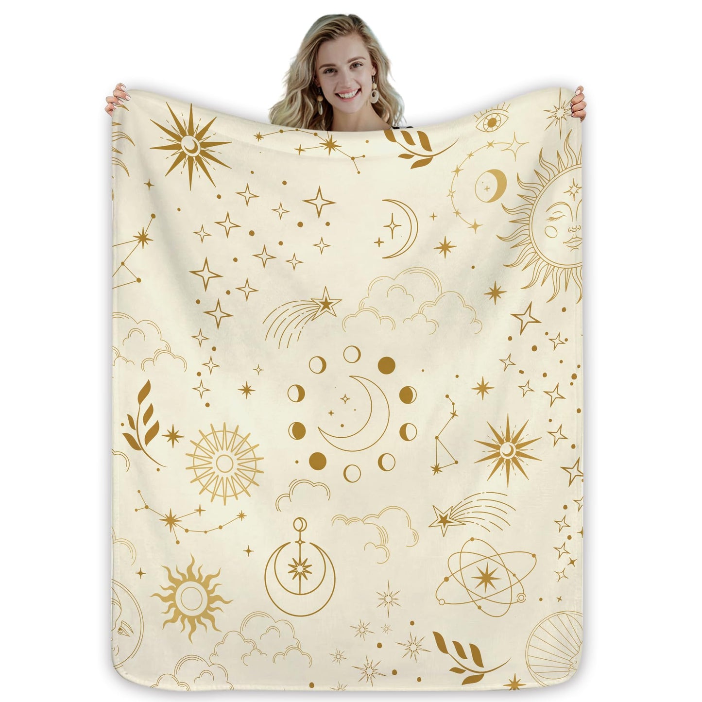 Miyotaa Celestial Constellation Astrology Blanket 50Wx60H Inch Sun Moon Phase Mysterious Beige Crescent Tarot Witchy Gift Warm Fuzzy Throw Blanket for Sofa Bed Throws Birthday Presents
