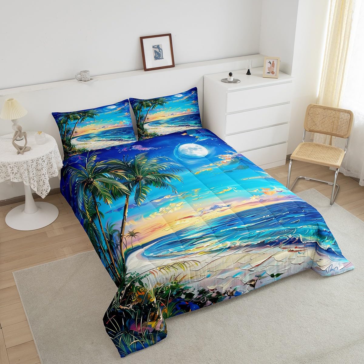 Castle Fairy Seaside Hawaii Comforter Queen,Tropical Coconut Tree Watercolor Oil Painting Quilt Comforter with 2 Pillowcases,Sea Ocean Beach Coastal Bedding Set Comfortable,Soft and Breathable