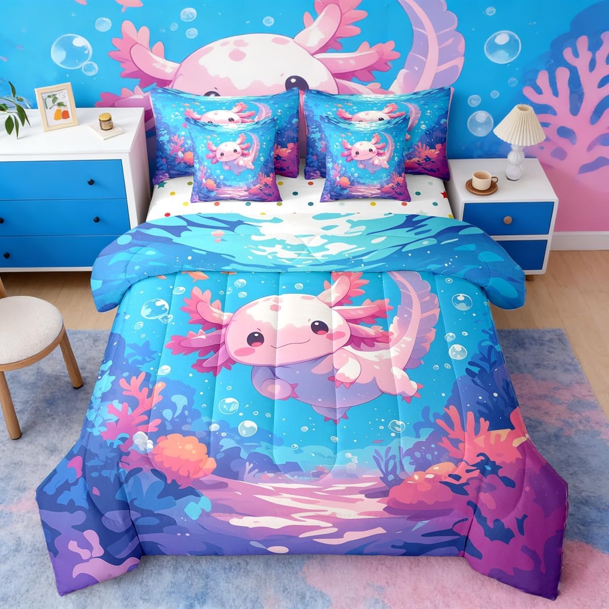 Erosebridal Axolotl Girls Pink Blue Ombre 7 Piece Bedding Set Twin | Cartoon Ocean Sealife Comforter Set with Sheets Cute Salamander Bed in A Bag Coral Kawaii Bed Sets