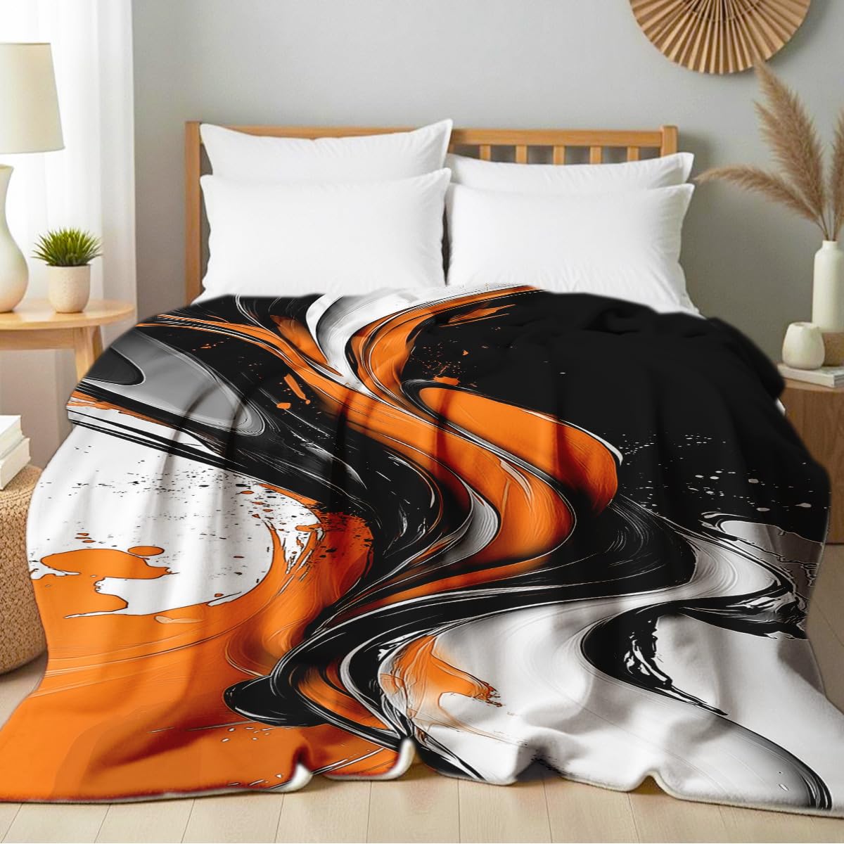 HUNXIAOJ Orange Blanket Throw for Couch Bed Abstract Print Blanket Soft Flannel Bedding Modern Bedroom Home Decor (49"x59")