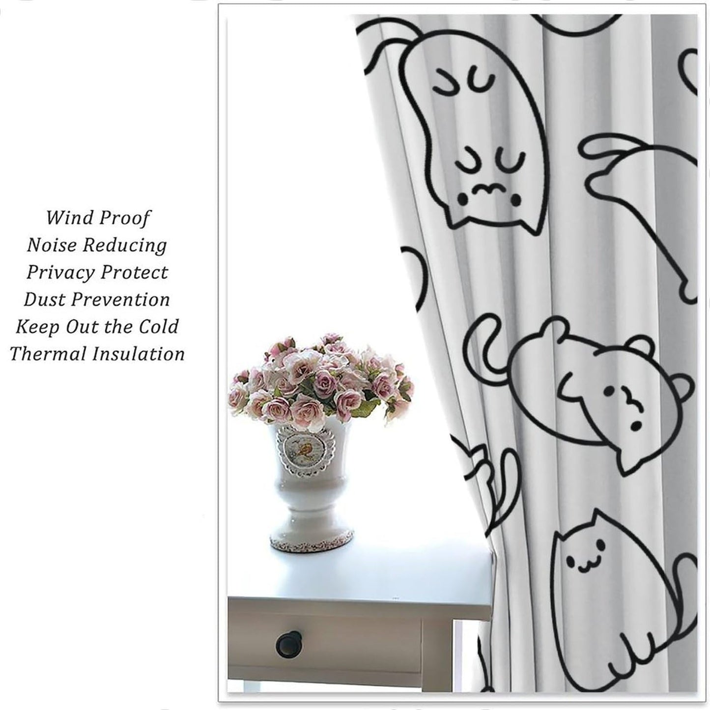 Cartoon Cat Curtain, Funny Cute Black White Line Kitten Art Pattern Decor Rod Pocket Window Curtain, for Kids Nursery Living Room Bedroom Cafe Farmhouse Style-11 42" W X 45" L