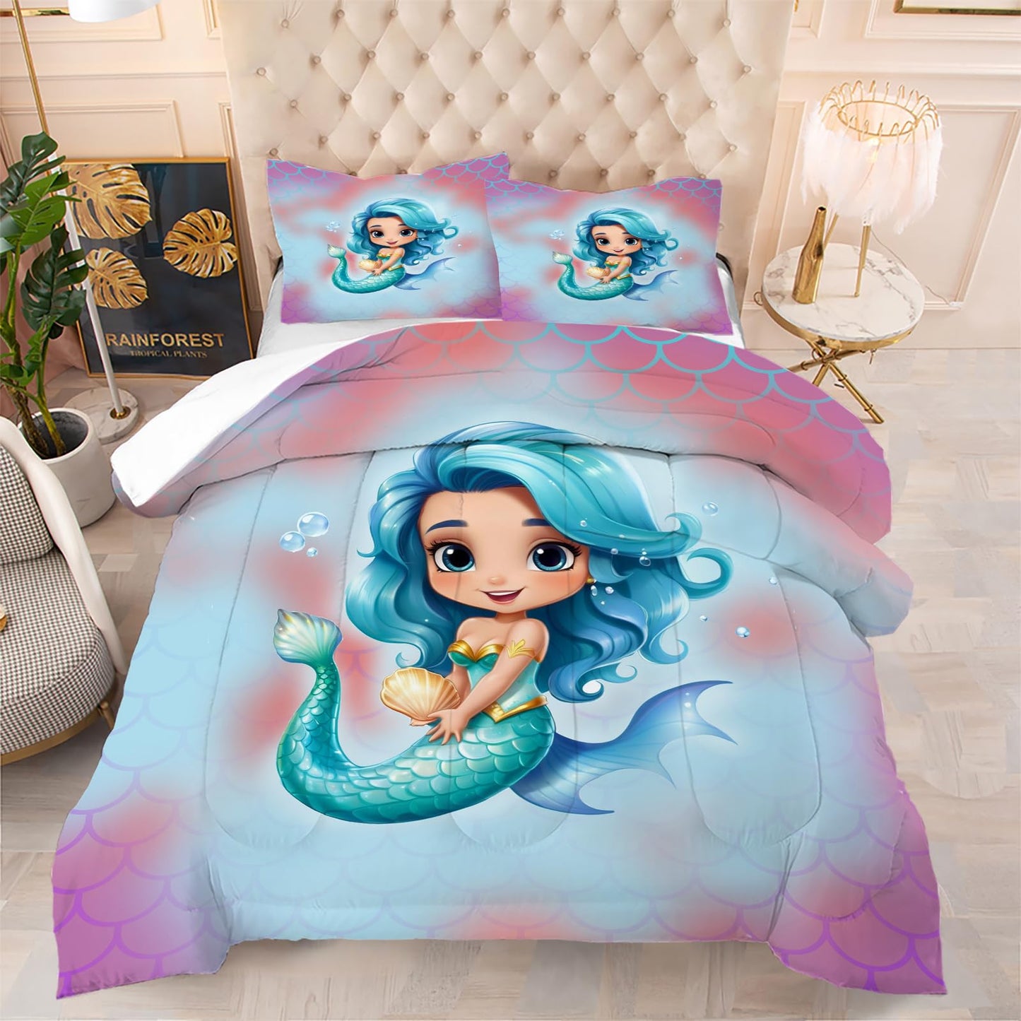 kxry King Size Little Lovely Mermaid Princess Comforter Sets Mermaid Fish Scale Bedding Set Sparkle Teal Quilt for Girls Kids Lightweight Soft Microfiber Room Decoration Duvet
