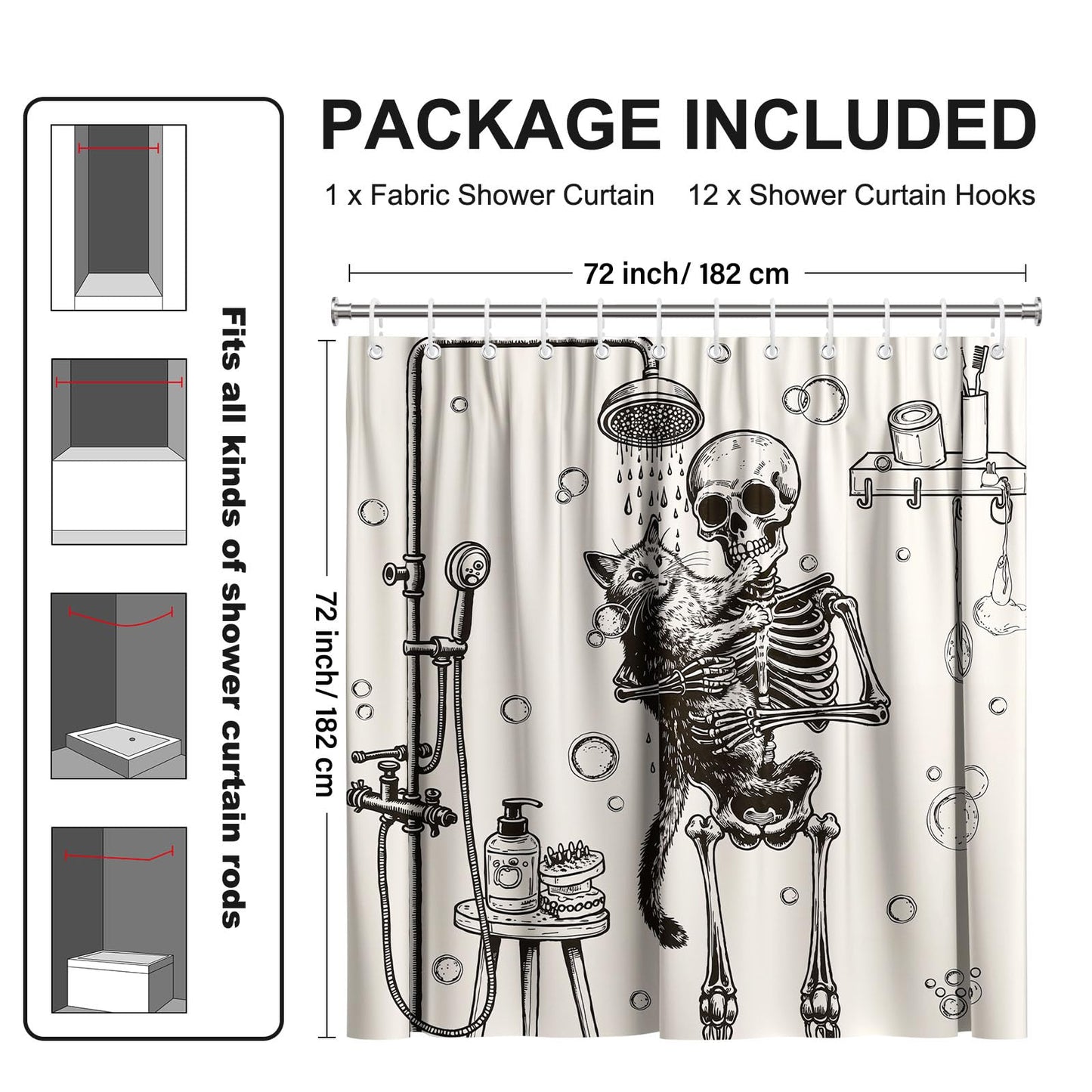 Koveni Funny Skeleton Shower Curtain with Hooks, Gothic Bathroom Decor