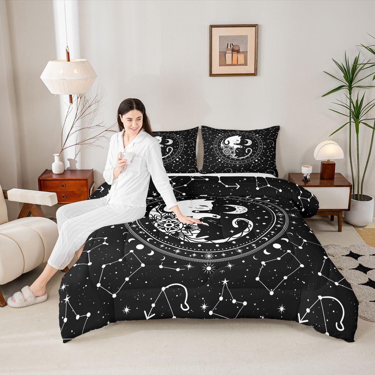 Cute Cats Comforter Set Twin,Gothic Star Sky Moon Constellation Bedding Set 2pcs for Kids Teens Boy Girls Room Decor,Animals Flower Plants Quilt Set Black Exotic Duvet Insert with 1 Pillowcase