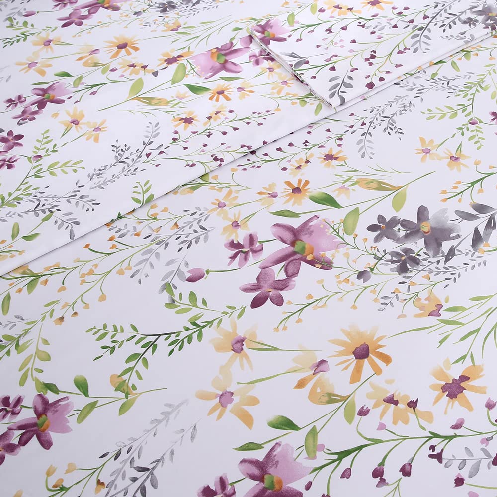 URBONUR Garden Floral Sheets Set 4-Pieces Egyptian Cotton Luxurious Bedding Sheet Set Soft Silky Crisp Percale Sheets Shabby Chic Flowers Bed Linen Set (4Pcs, Queen Size)