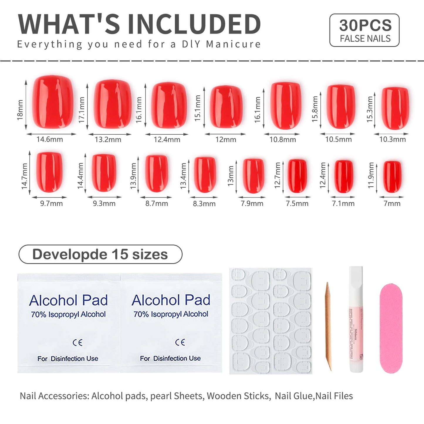 Stbisen Short Square Press On Nails, Glossy Solid Red Fake Nails, Classic Bright Red Full Cover Reusable Thick Natural Glue On Nails for Women, Suitable for Work, Daily Party Wedding Manicure, 30Pcs