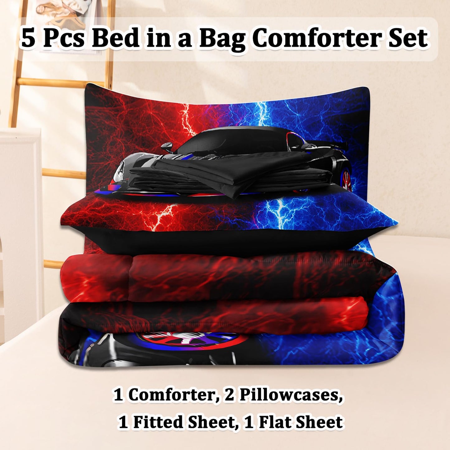 BERTSUCA 5 Pcs Car Comforter Sets for Boys, Cool Red Blue Lightnings Bed in A Bag Full Size Car Bedding Set for Boys Kids