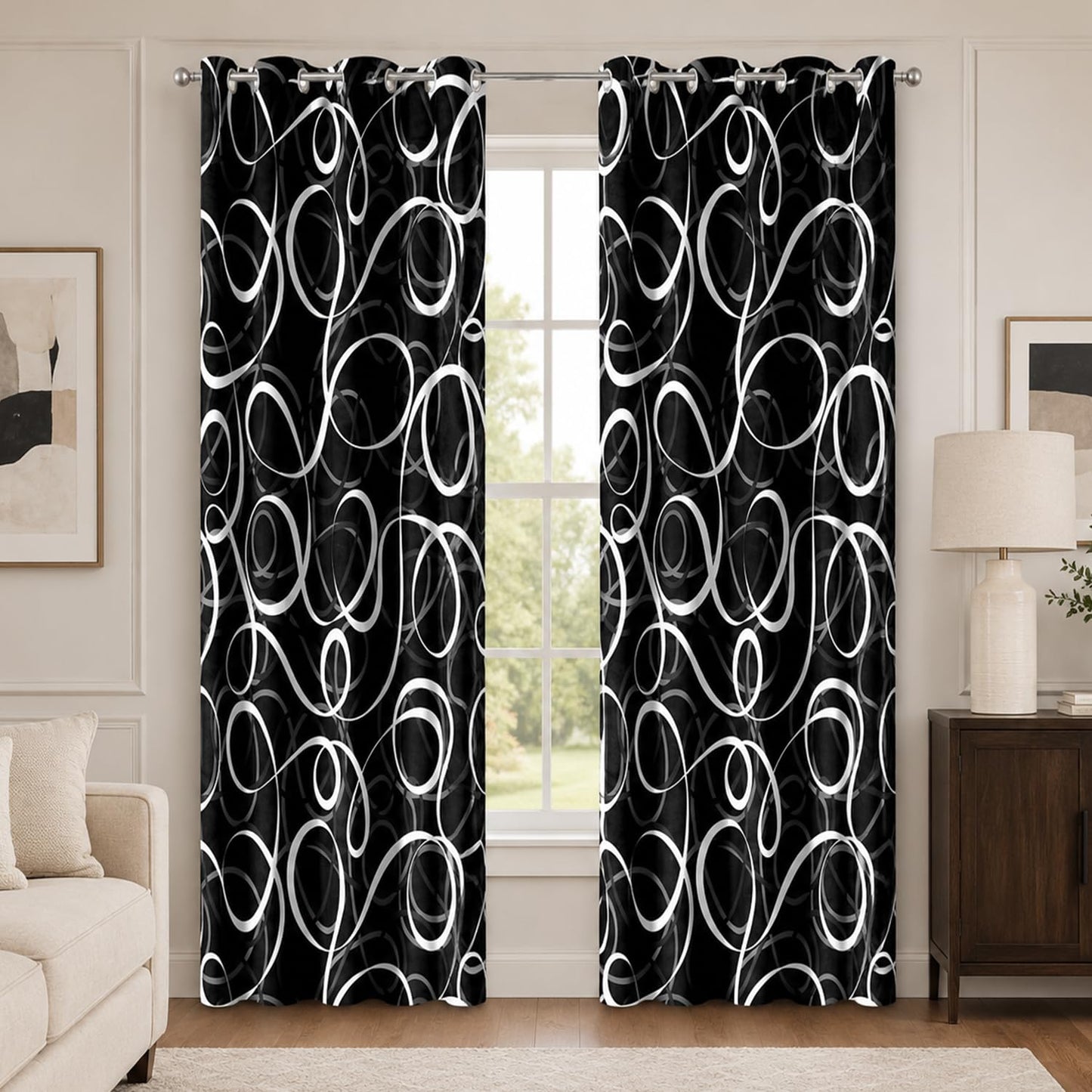 JAZEAOI Black White Geometric Blackout Curtains, Modern Abstract Grey Black Out Window Drapes for Bedroom Living Room Grommet Thermal Insulated Room Darkening Decor, 2 Panels 52x84 Inches