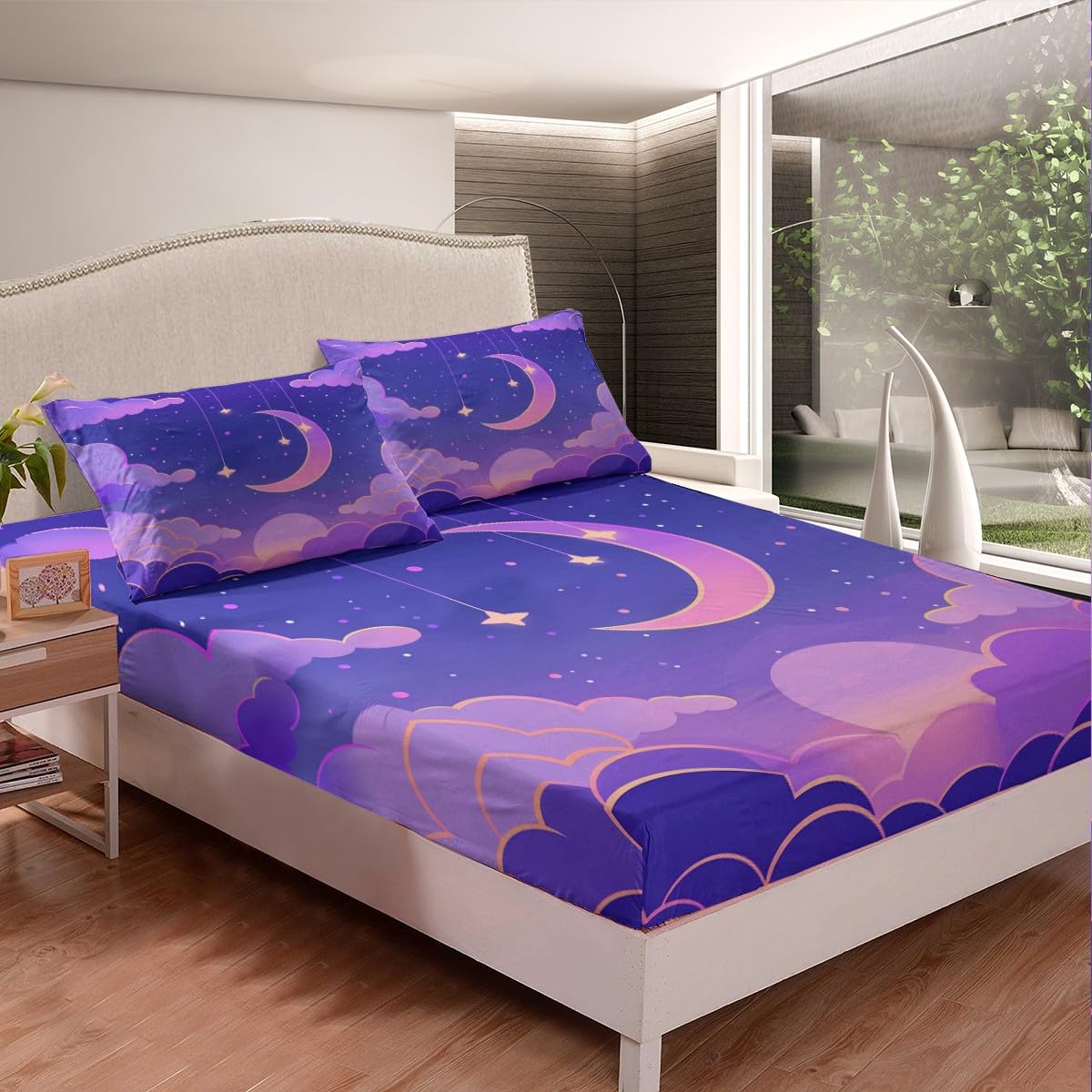 Moon Night Kids Fitted Sheet Full Size,Cartoon Moon Stars Clouds Bedding Set,Boys Girls Room Decor,Starry Sky Romantic Bed Cover,Purple Yellow Bed Sheet,2 Pillowcases