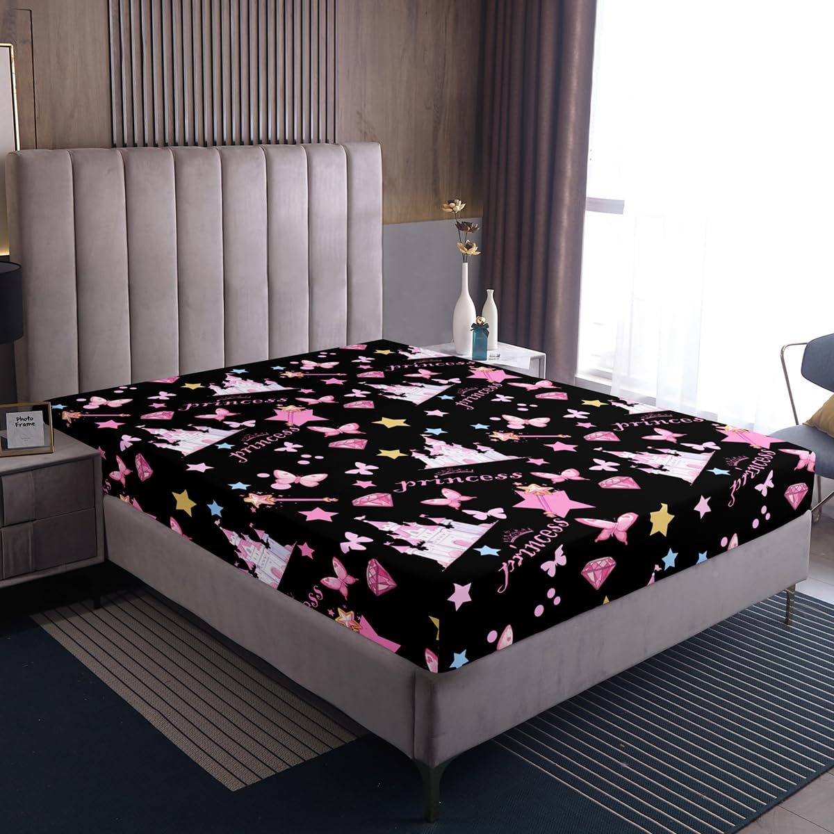 Feelyou Girls Princess Fitted Sheet with 1 Pillowcase Twin Size Cartoon Castle Bed Sheets Set 16" Deep Pocket Boys Girls Pink Butterfly Bedding Magic Teens Bedroom Decor
