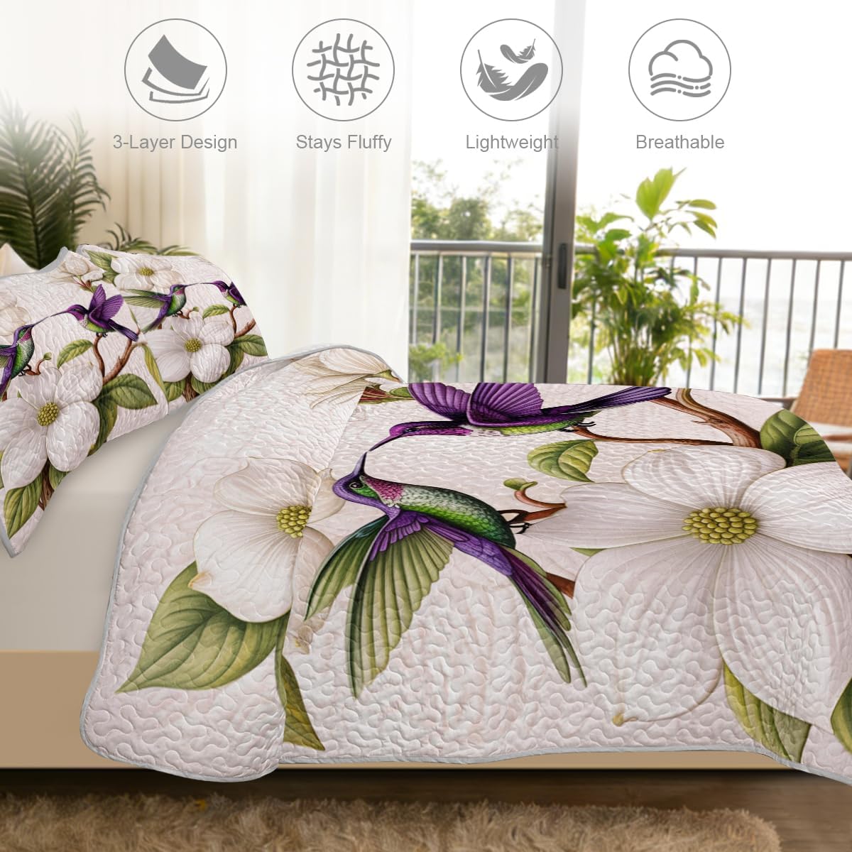 ARIGHTEX Flower Bird Quilt Set Queen Size Magnolia Couple Hummingbird Floral Bedding Set Lightweight Botanical Quilt Soft Microfiber Bedspread Romantic Coverlet Set with Shams